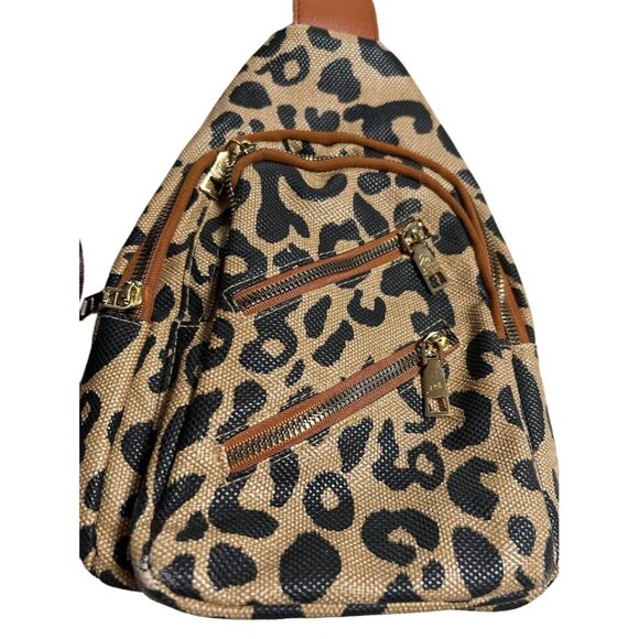 Leopard Print Sling Backpack With Multiple Zippered Pockets & Adjustable‎ Strap - Picture 1 of 9